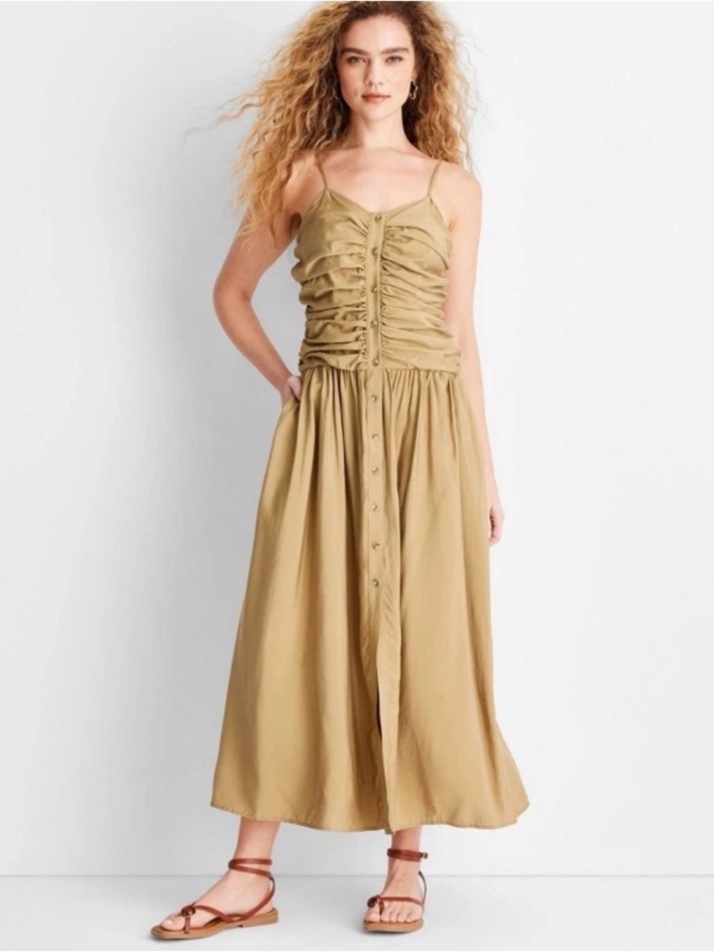 Ruched Button-Front Midi Dress in Khaki